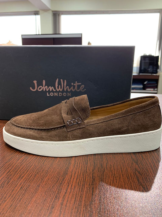 John White walnut brown suede slip on white rubber sole