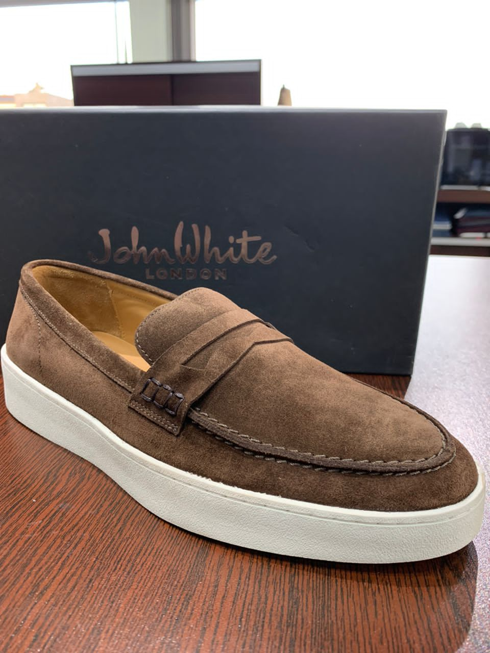 John White walnut brown suede slip on white rubber sole