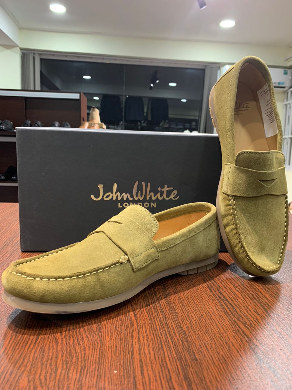 John White suede green boat shoe rubber sole