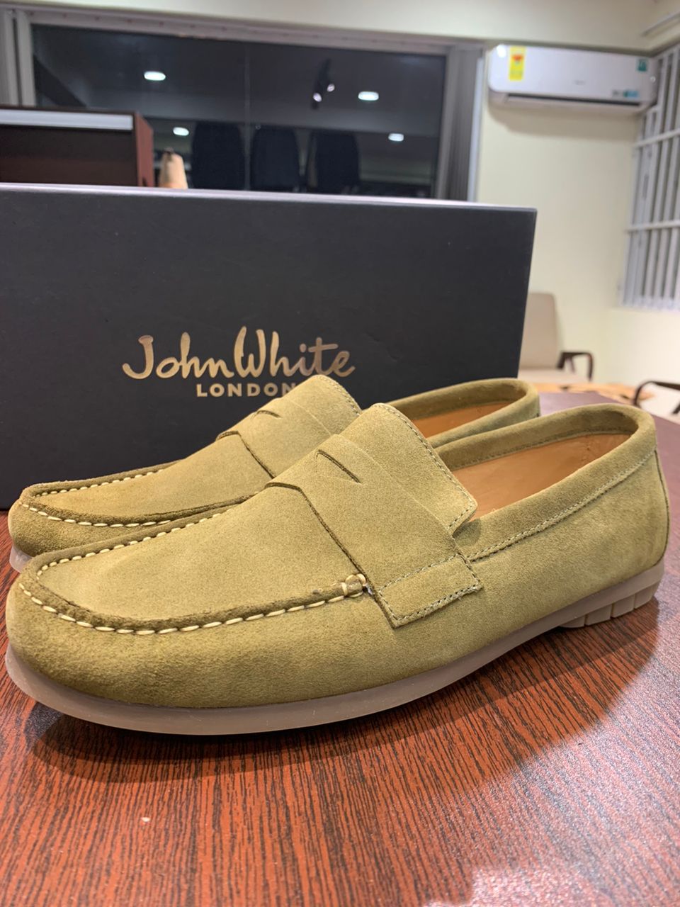 John White suede green boat shoe rubber sole